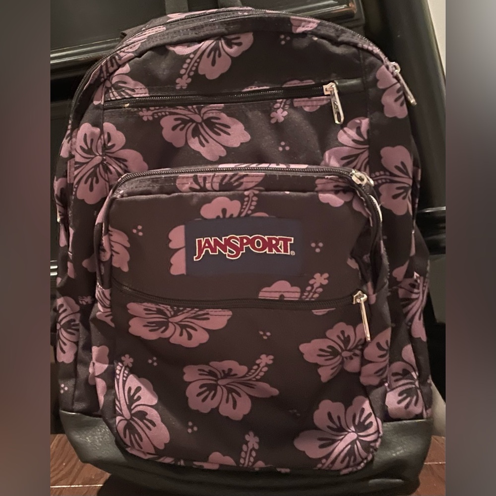 Jansport Luau Life 17” Black and Purple Floral Backpack